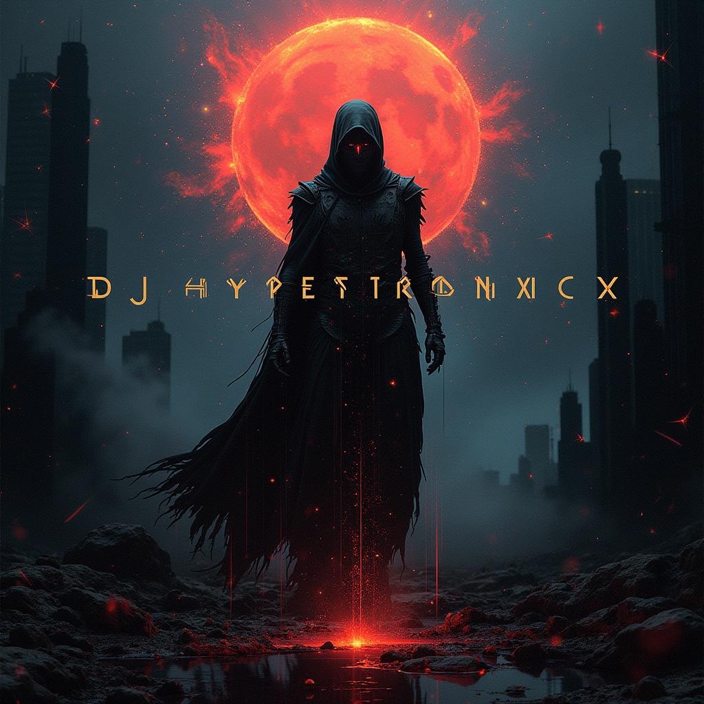 Dark and complex futuristic art represents a music album cover with text DJ Hypertronixx. A hooded figure stands ominously in the foreground with a glowing red moon in the background.