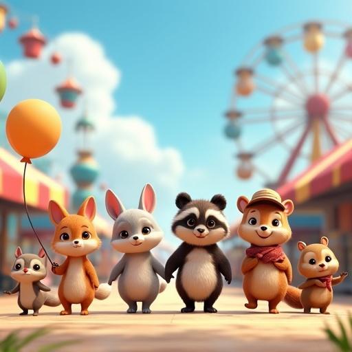 A digital illustration features anthropomorphic woodland animals in a fair atmosphere. The group includes a rabbit, an owl, a fox, a raccoon, a bear, and a squirrel. Some hold balloons, while others wear visored hats. Background has colorful attractions like a Ferris wheel and tents. The scene is bright and lively with soft colors and cheerful expressions.
