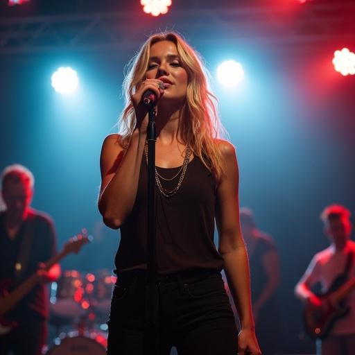 Brightly lit stage with a young blonde woman confidently singing into a microphone. She is performing a rock ballad. Dynamic stage lights create shadows and highlight her intense expression. A silhouetted band is in the background with gleaming instruments. Professional portrait photography captures every detail with sharp focus.