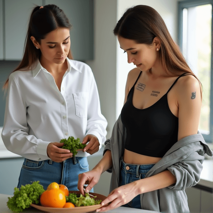 Two women are preparing food in a modern kitchen, one holding leafy greens and the other assembling them with fruits on a plate.