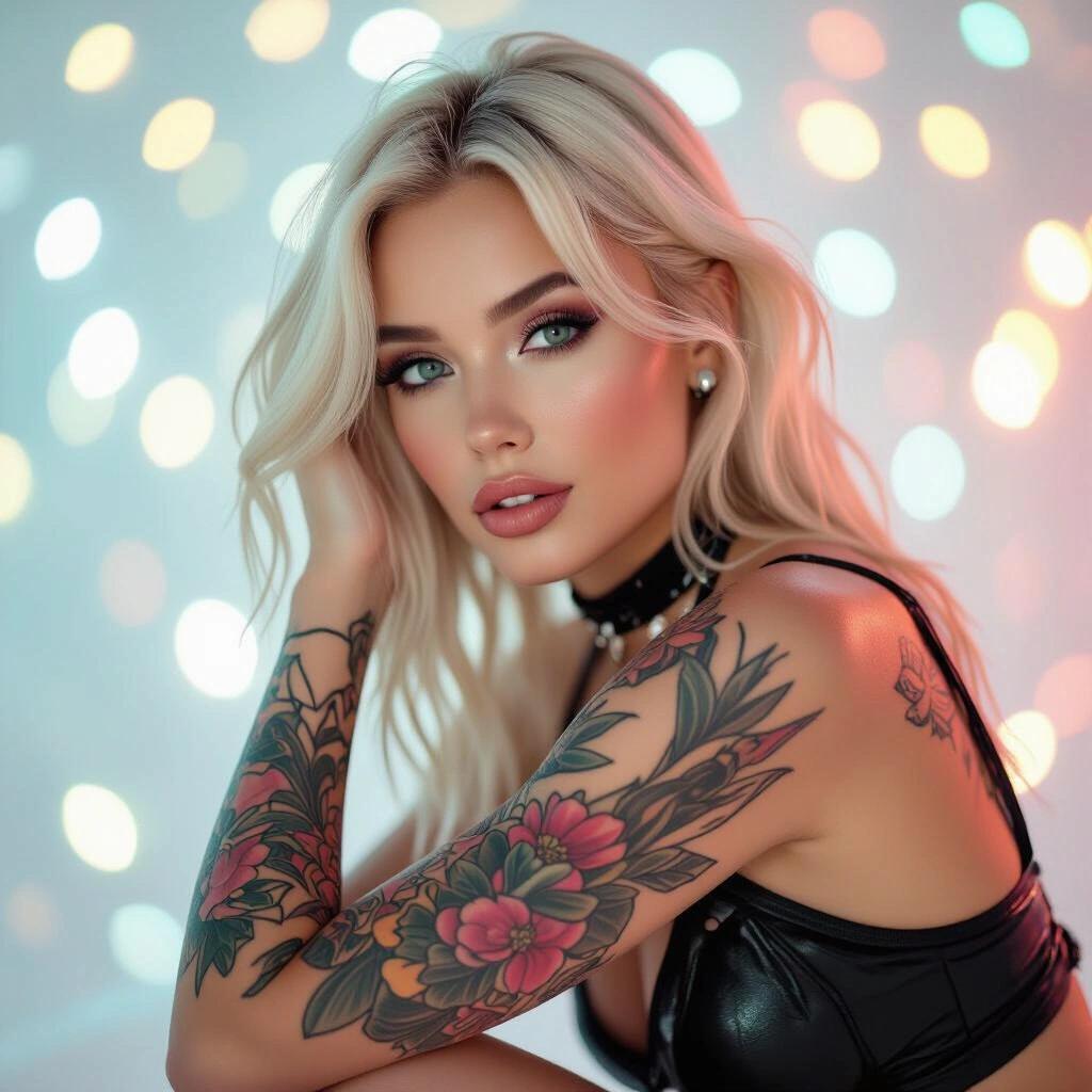 Album cover design with a blonde woman. She poses artistically showcasing her tattoos. Soft colorful lighting creates a dreamy atmosphere. Bokeh effects create a vibrant background.