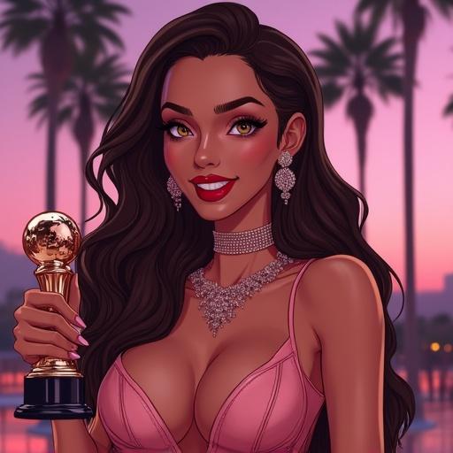 Anime illustration of a beautiful woman at a luxurious music awards stage. She has long dark brown bouncy hair and wears a sexy sheer dress. She holds a fitted music award and is adorned with rose gold pink jewelry. Her silver eyes and red lipstick add to her charm. The background features palm trees and a sunset sky in Los Angeles.