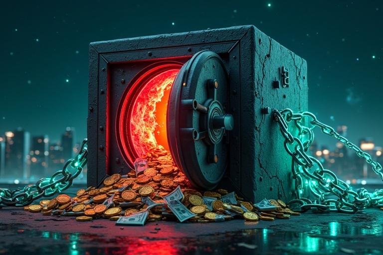 A futuristic bank vault with red cracks spills gold coins and dollar bills. The vault is surrounded by glowing blue and green chains breaking apart. The scene is set in a dark sky filled with stars with a city skyline in the background.