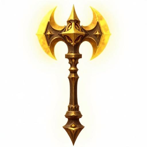 Icon of a stylized golden short axe for a card game. Specific design features evoke a fantasy theme similar to video game styles. Size is 48x48 pixels with a transparent background.