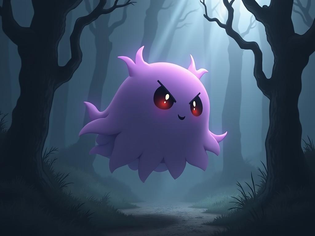 A cute, ghost-like creature floating in a mysterious forest with moonlight filtering through the trees.