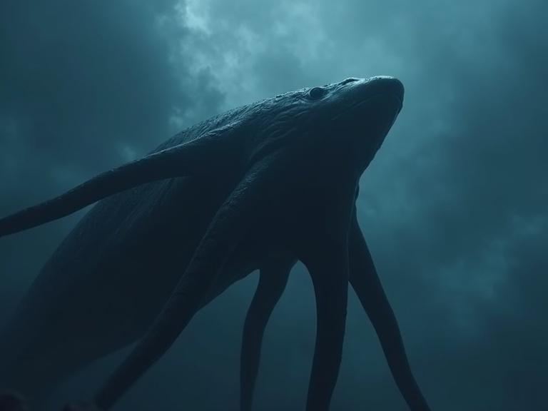 Dark cinematic perspective looking up at a massive tentacle monster. The creature has a sleek, smooth black body and a pointed oval head with glowing blue eyes. It breaches through dark clouds in a dramatic sky. The scene features atmospheric fog and high detail.