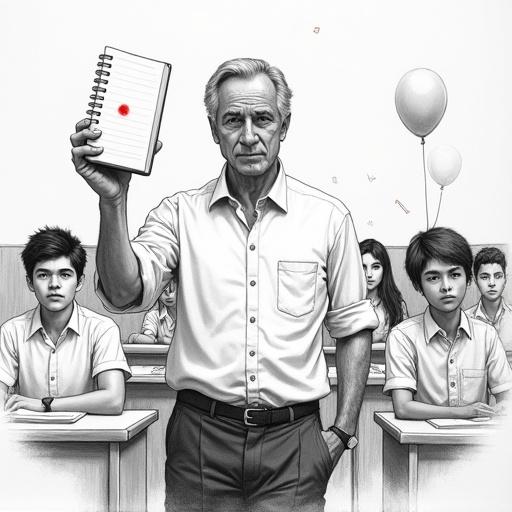 Highly detailed hyper-realistic pencil sketch of a teacher in a college classroom. Teacher stands at front holding a notebook with a red dot. Students in desks show serious expressions. Classroom background has balloons and streamers. Lighting creates dramatic shadows. Composition follows the rule of thirds with focus on the notebook. Ultra-high-resolution image with rich detail.