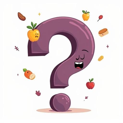 Flat colorful cartoon illustration. Large purple question mark in the center. Question mark has a confused facial expression. Small food icons floating around include apple, fish, bread, and vegetables. Color palette features purple and yellow. Image has thick black outlines. Set against a white background.
