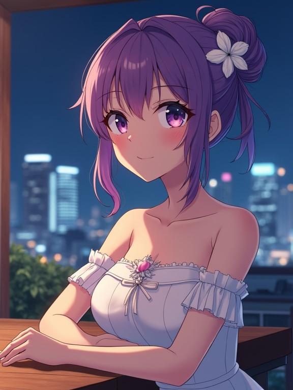 A mature lady in semi-anime style sits at a bar counter. Night view features high-rise buildings in the background. She wears an off-shoulder white dress with decoration on the chest. Her hairstyle is an updo violet with a white flower ornament. The expression is gentle.
