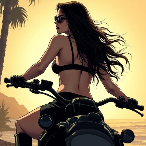 A voluptuous woman rides a black sport motorcycle. She wears a black bikini top and a short black skirt with long black boots. Her long dark hair flows down her back. She wears dark sunglasses. The scene is comic noir style with bold inking and dramatic lighting. The sun highlights her skin and the breeze moves her hair.