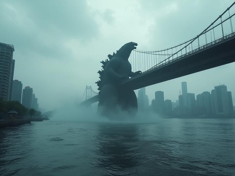 Huge Godzilla submerged under water creating waves in a river bay under cable bridge in an Asian city crowded with tall buildings. Dark cloudy atmosphere enhances the scene. Z-depth perspective adds realism and texture.