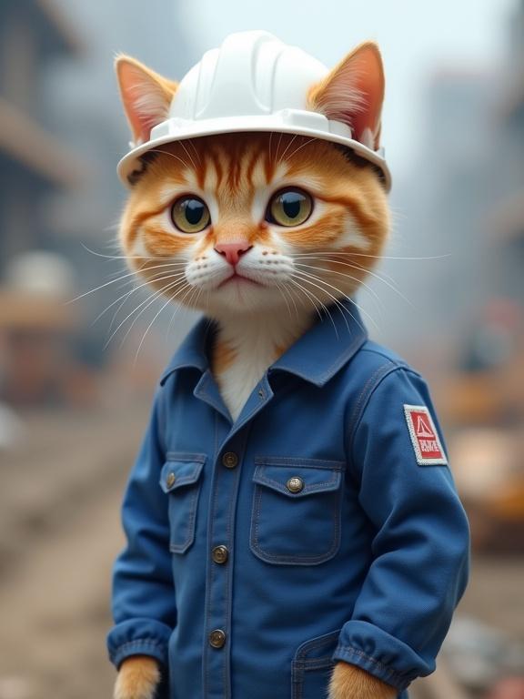 Realistic cat wearing white safety helmet and blue work uniform on a construction site in Genba Neko style.