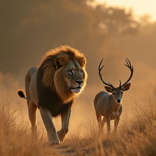 A lion hunting a deer in a natural setting with warm light