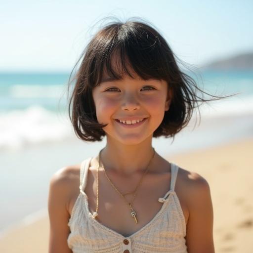 Bright sunlight illuminates a young girl at the beach. The ocean and sandy shore are in the background. She wears a casual summer outfit suitable for warm weather. Her dark bob hair is styled casually. The scene evokes a feeling of warmth and fun.