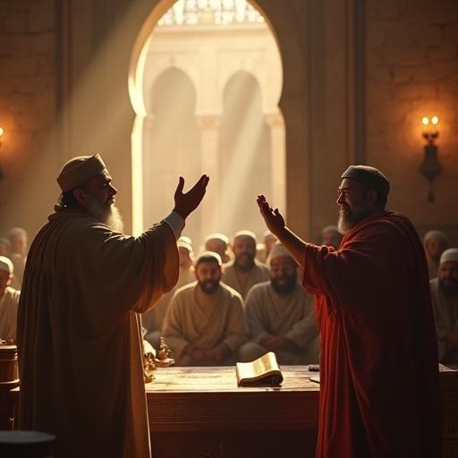 3D render of a spiritual moment in an ancient Islamic courtroom. A moved Jewish man raises hands, proclaiming Shahadah. Hazrat Ali stands nearby with a gentle smile. Qazi seated behind them. Audience in traditional clothing looks surprised and respectful. Soft golden light from an arched window illuminates the scene. Arabic calligraphy on stone walls and flickering candles create a sacred atmosphere.