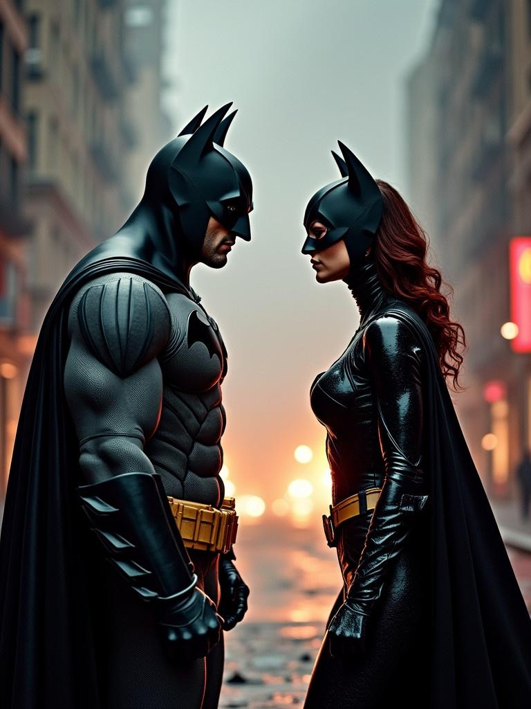 Dramatic confrontation between Batman and Catwoman in a dimly lit street setting. Both characters are wearing iconic costumes. The cityscape looms in the background with soft light illuminating the scene. They face each other with tension and intensity.