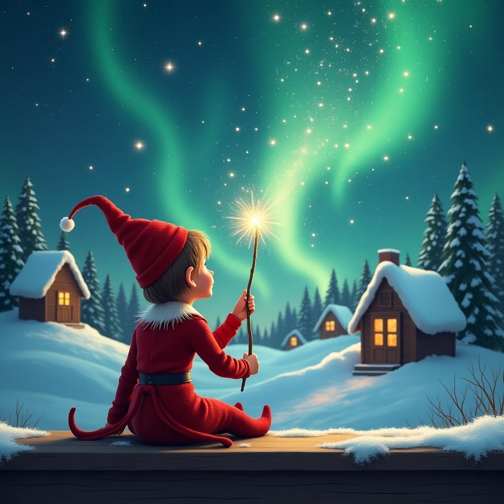 An elf in a red outfit and pointed hat sits on a ledge gazing at a starry sky. The elf holds a sparkling wand. Background features snowy landscape, charming houses, and evergreen trees under Northern Lights. Captures childhood magic and Christmas cheer.