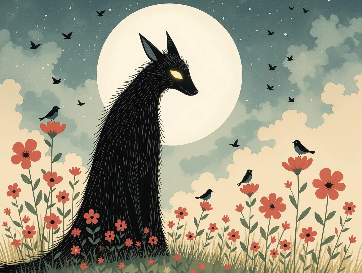 Tall thin beast with stitched black fur and glowing eyes stands gracefully. Surrounded by abstract wildflowers and tiny birds. Full moon in background with a beige parchment feel. Features expressive ink linework and watercolor wash.