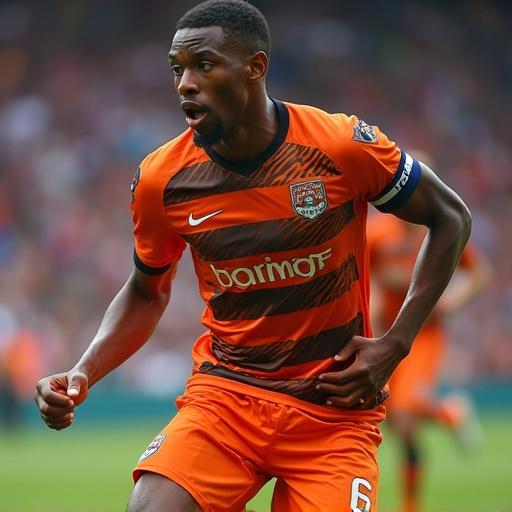 Player wears a vibrant orange uniform. Player shows focus and determination on the field. Action shot taken during a game. Enhanced athletic visuals are key.
