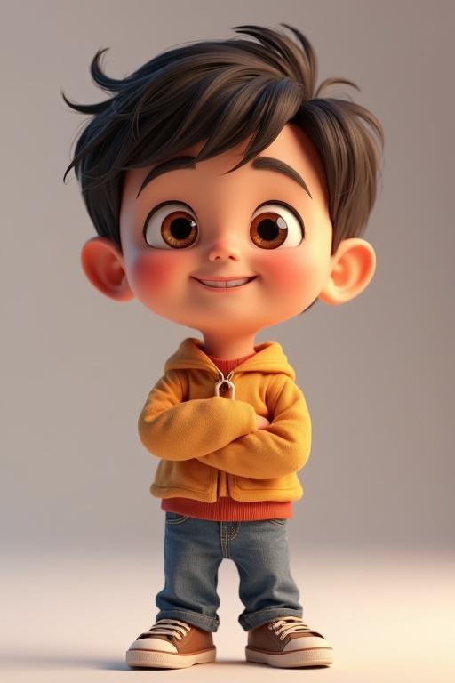 Stylized 3D animated character with Pixar-like visuals. Character has a playful hairstyle and clothing. Pose is confident with arms crossed. Features large expressive eyes and smooth skin. Color tones are vibrant with soft lighting for warmth.