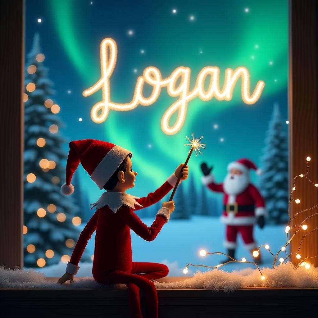 The image features an Elf on the Shelf character with its back to viewers, facing a stunning sky filled with northern lights. The elf is using a wand to magically write the name 'Logan' in the air. In the background, Santa Claus can be seen waving cheerfully. Surrounding the scene are snowy trees, adding to the winter wonderland atmosphere. The warm glow from the lights enhances the festive and magical feel of the image.