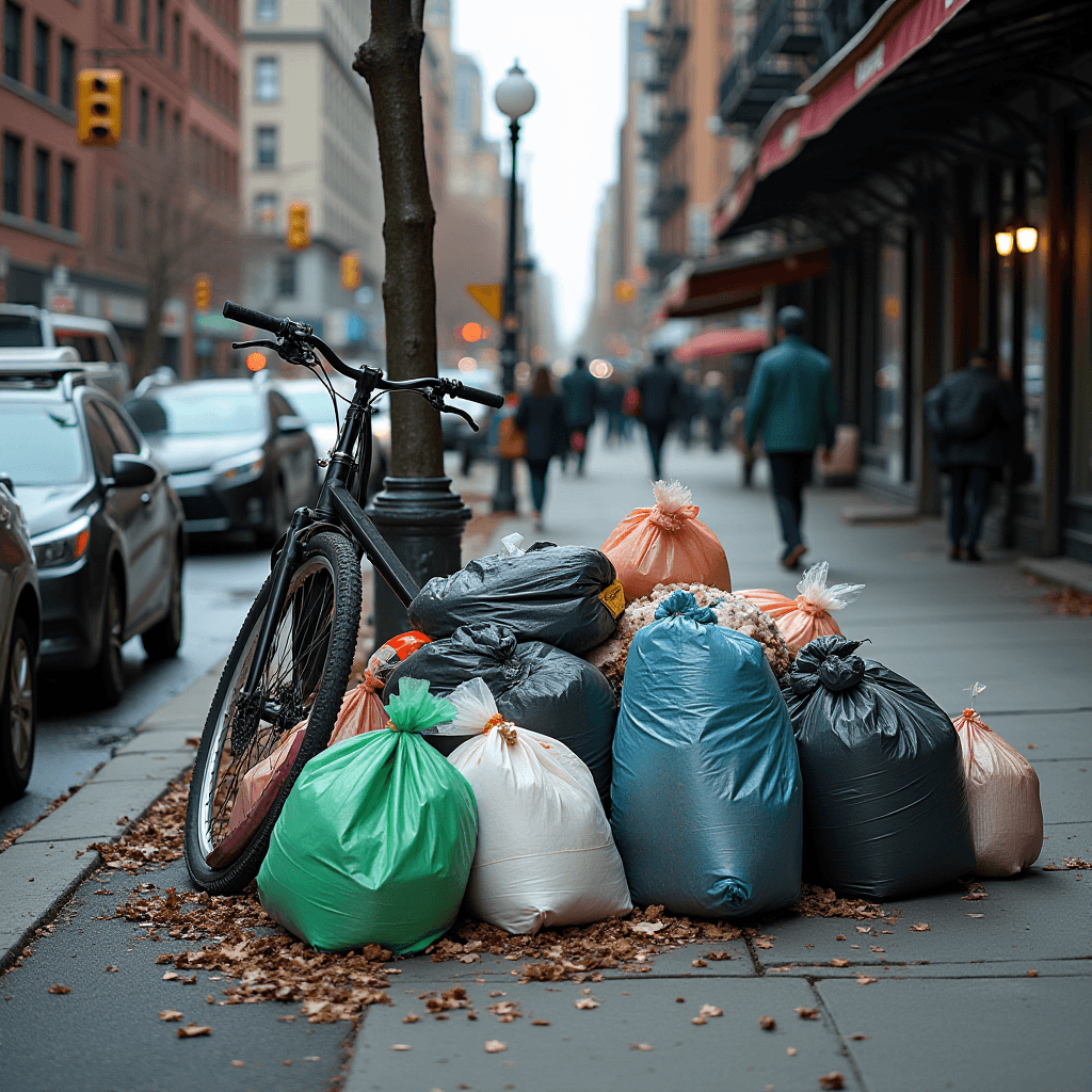 A collection of colorful garbage bags piled on a city sidewalk next to a bike secured to a pole in a bustling urban street.