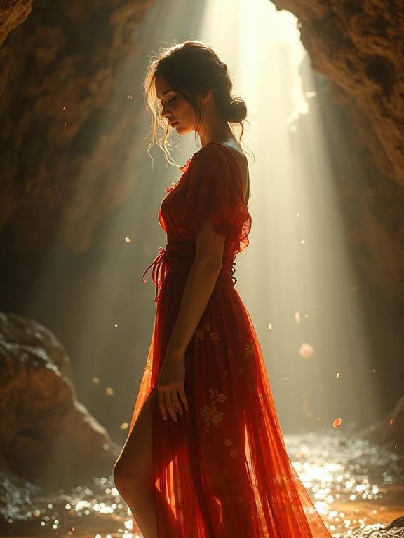 Female standing in a cave. Autumn floral dress in deep red with golden patterns. Hair styled in loose bun. Light coming from cave opening. Pose is serene and contemplative. Body angled left with one leg bent. Arms draped along torso. Environment features moisture and a cascading waterfall. Light rays create sparkle effects. High resolution and hyper-realistic.