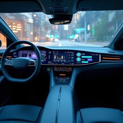 Interior shot of a luxury electric vehicle with advanced dashboard technology and ambient lighting. AI-powered features are highlighted. Minimalist design emphasizes modern driving experience.