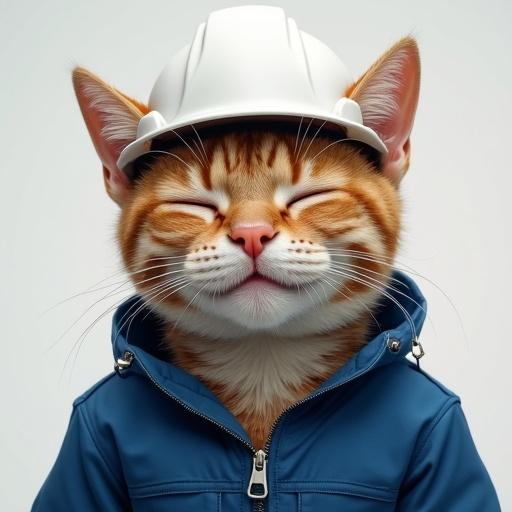 A semi-realistic cat smiles with closed eyes and a slightly tilted face. Cat wears a white hard hat and a blue work jacket.