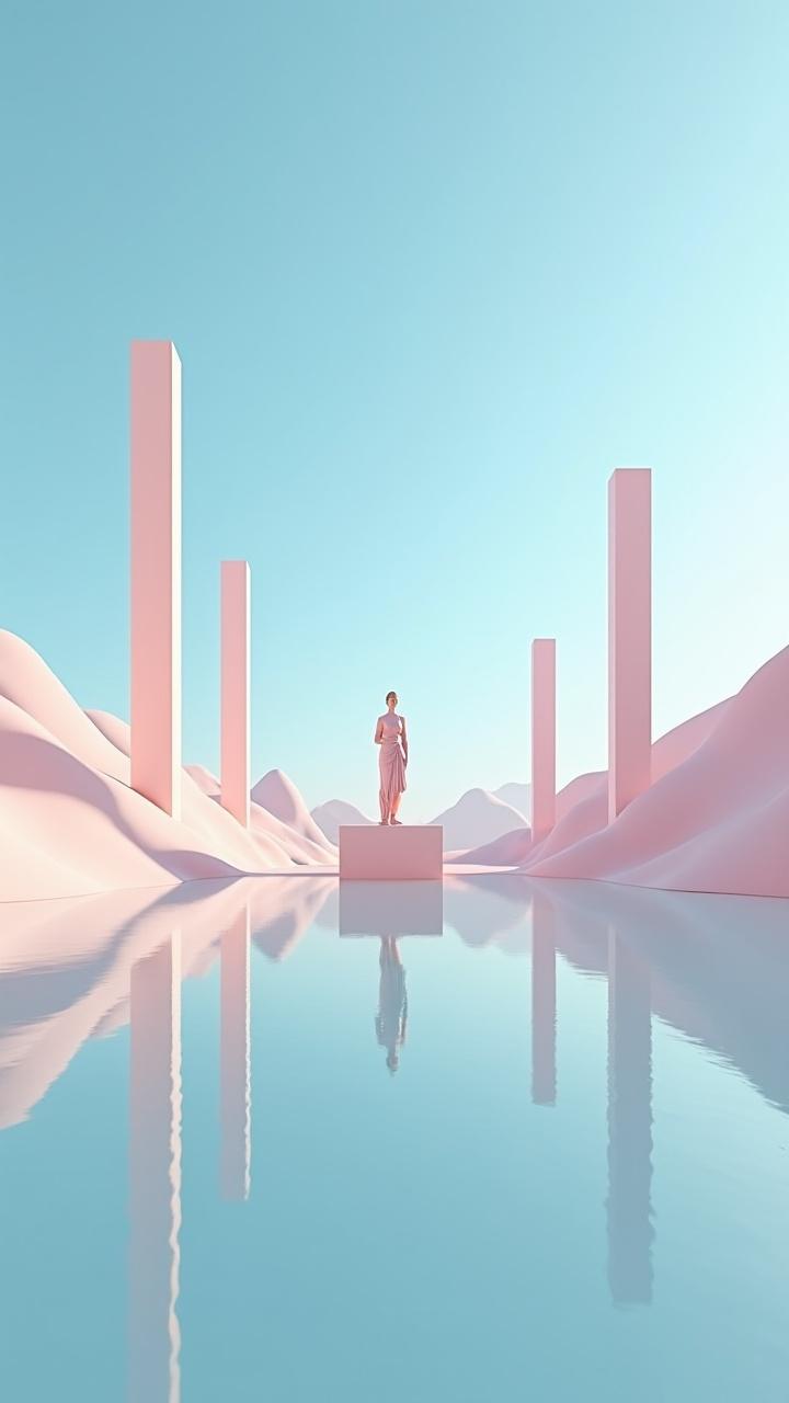 The image depicts a surreal, minimalist landscape with a serene atmosphere. A lone figure stands confidently on a pedestal at the center of the composition. Surrounding the figure are tall, thin vertical pillars, creating a sense of symmetry. The landscape features soft, flowing hills that reflect gentle curves in the still water. The overall color palette consists of pastel pink and sky blue, enhancing the tranquil and modern vibe of the scene.