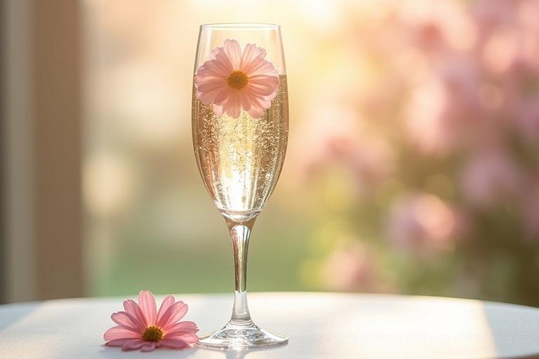Glamorous spring image featuring a crystal champagne glass containing flowers. Glass positioned to the right. Soft spring background. Diffused lighting. Thin strip of a white tablecloth visible.