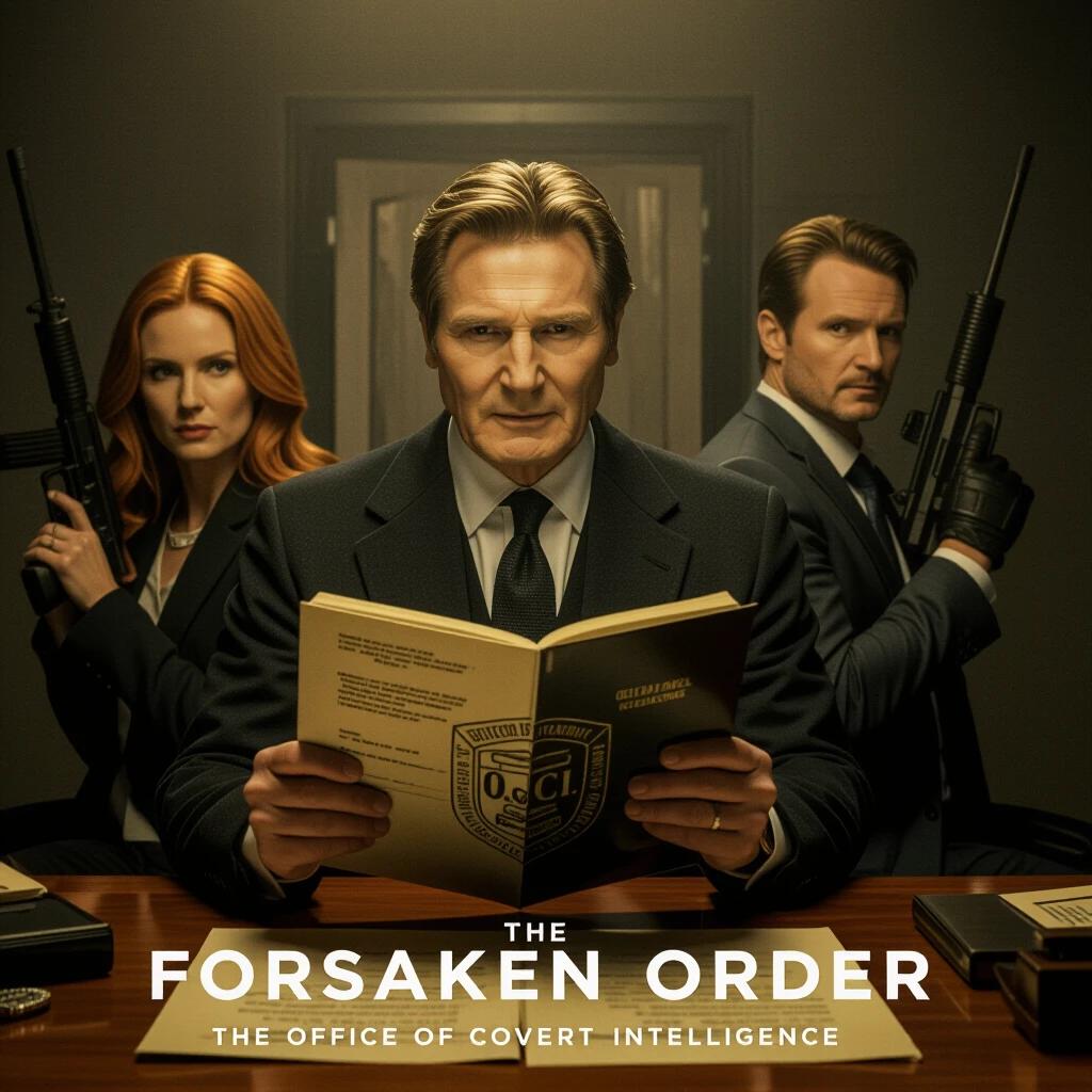 Movie poster design for a spy thriller featuring an intelligence officer scrutinizing a covert dossier in a shadowy chamber. An emblem for O.C.I. should be visible. Two allies stand behind with weapons, emphasizing tension and suspicion.