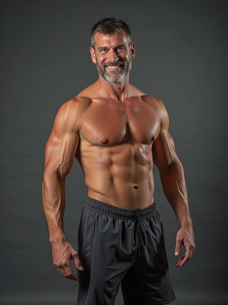 Athletic man stands confidently with a muscular physique. He is 50 years old with very short hair. He has a well-defined upper body. Dark background emphasizes the physique.