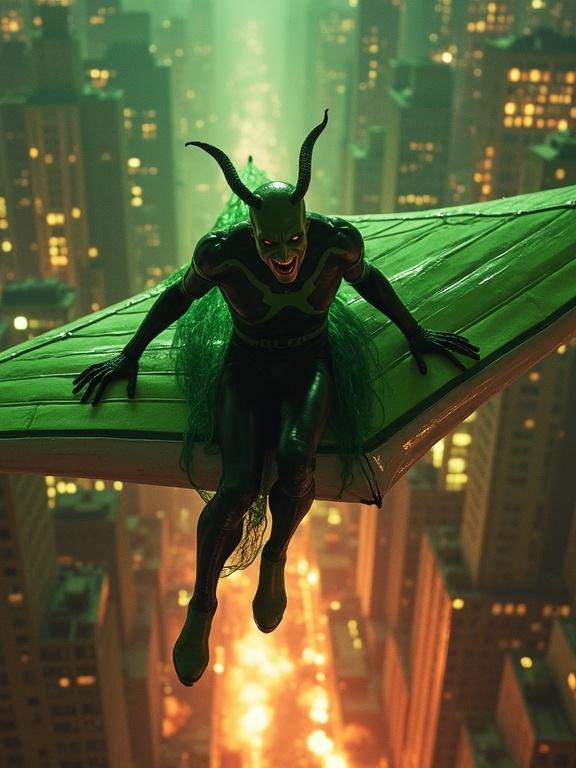Green Goblin rides glider high above New York City. Psychotic laughter echoes in the night. Burning city lights up under explosions. Powerful presence on glider.