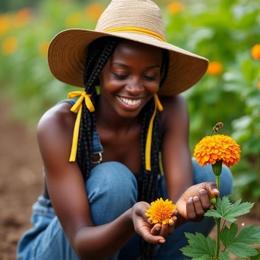 A 28-year-old Nigerian woman kneels to plant marigolds. Soil is under her fingernails. Hair is in thick braids tied with yellow ribbons. A sunhat shades her eyes but not her smile. Skin has a natural sheen. A bee hovers near the flower in her hand. She laughs. Morning dew wets her overalls. Background blurs green leaves. Earthy tones and natural light.