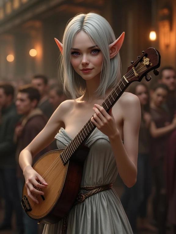 Photorealistic image. Young elf woman with silver hair and purple eyes. She plays a lute. She wears a strapless silver dress. Background features a crowded tavern atmosphere. Scene is rich in detail and depth of field.