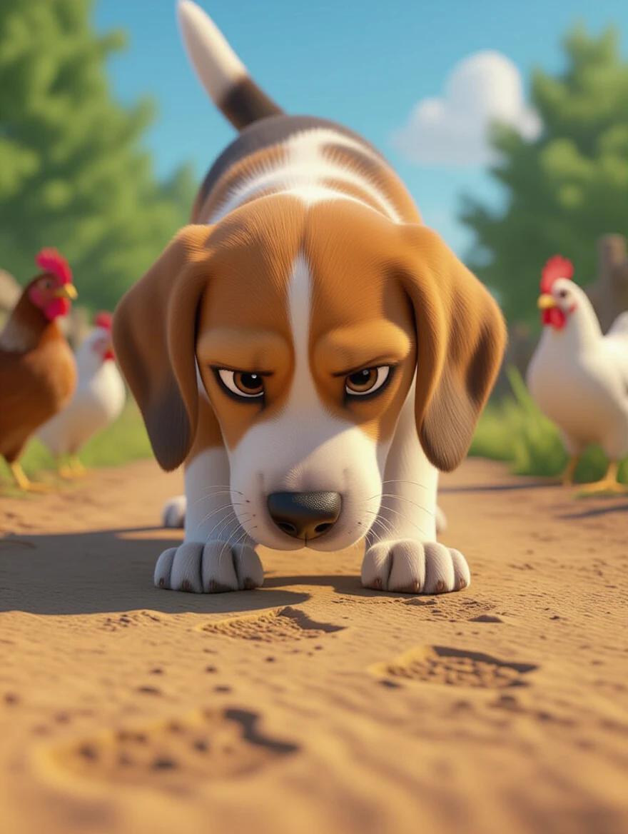 Close-up of a 3D animated beagle looking determined. Beagle sniffs the ground closely. Low camera angle captures the dog's nose and paw prints. Chickens are nervously watching in the background. Bright daylight enhances the scene.