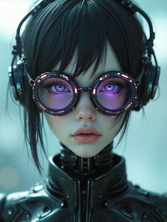 Portrait of a cyberpunk android with mirror glasses and biomechanical features. The character has expressive purple eyes and wears a sleek black outfit. The background has a futuristic vibe.