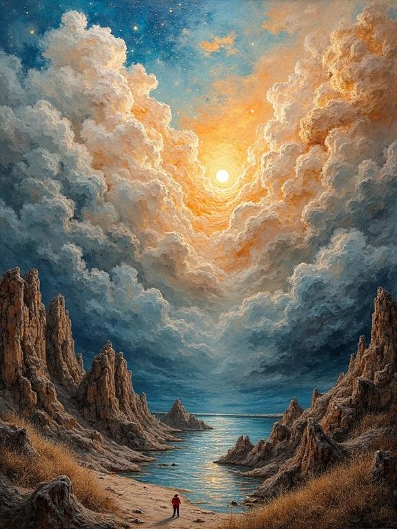 Stunning 3D layered oil painting titled 'Heaven'. It features a vibrant sky filled with golden and soft blue hues, an ocean reflecting warm light, and rocky formations. The artwork uses mixed media techniques, including textures like hair and newspaper scraps. Captivating composition shows depth and invokes a magical atmosphere.