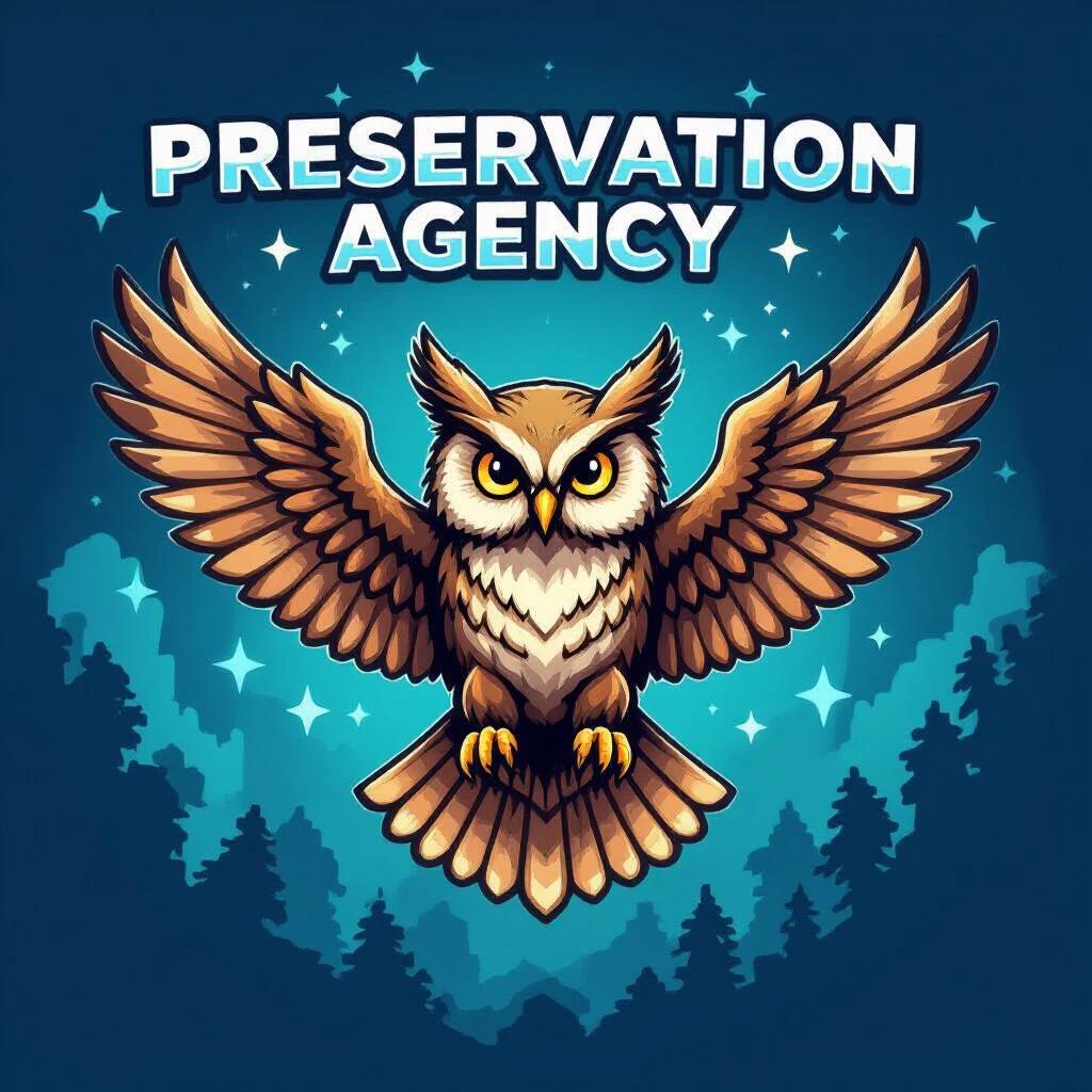 Logo design for a preservation agency featuring an owl. The owl has letters on its wings. Design is themed like Minecraft, representing community preservation and historical narratives.