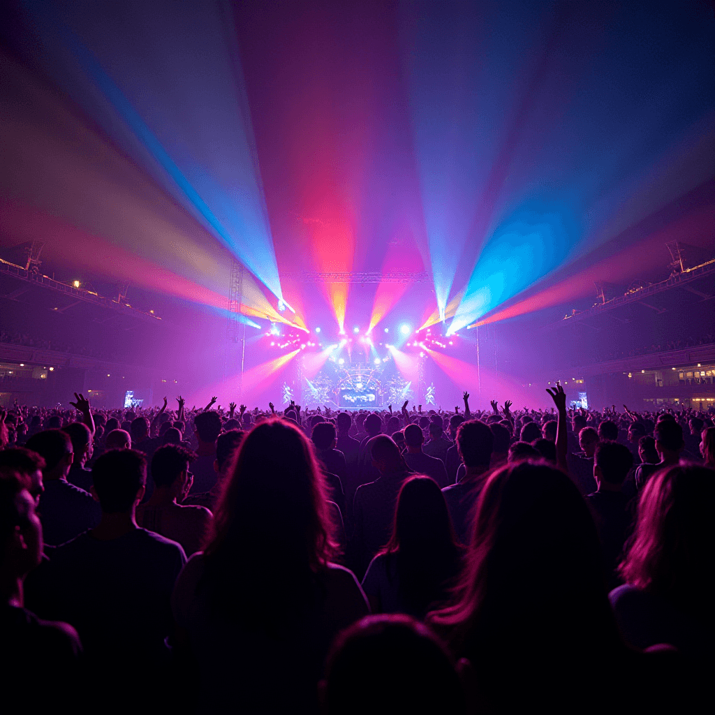 A large crowd enjoys a concert with colorful lights on stage.