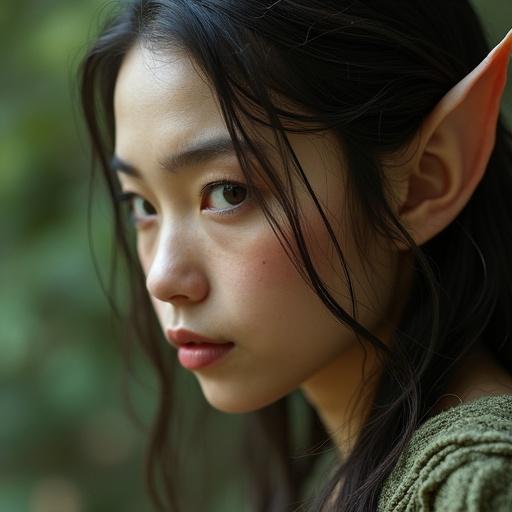 Photorealistic image of an elf woman. Focus on her ears. Ear shape is pointed and unique. Skin has a natural glow. Hair flows around the ears. Background is softly blurred out with green tones.