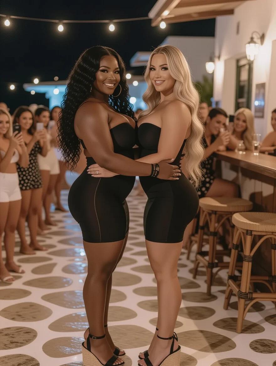 Two athletic women of different skin tones embrace at a cocktail bar in Mykonos. One woman has long, curly black hair and is African. The other has long, wavy blonde hair and is Scandinavian. They wear tight black strapless dresses and espadrille heels. The ambiance is lively with many people taking pictures.