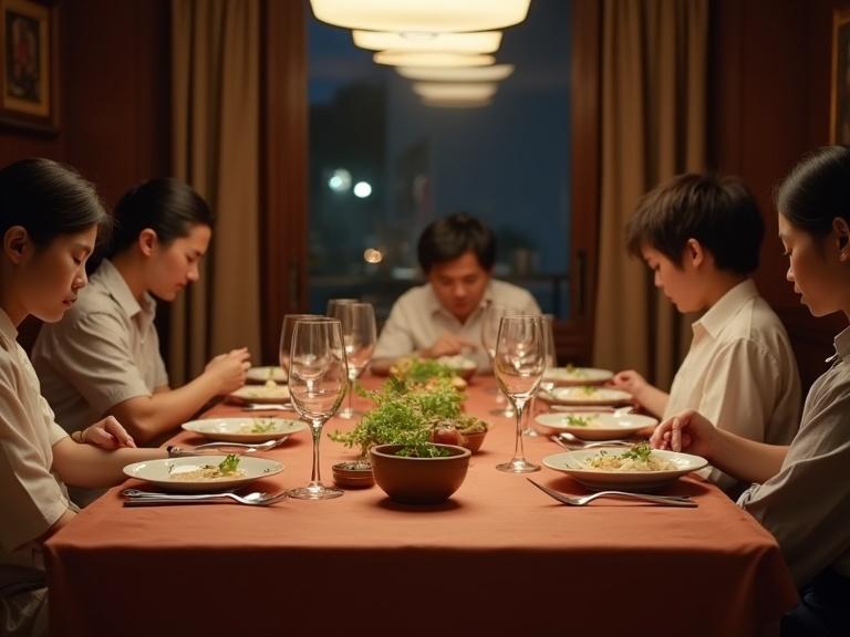 An ultra realistic photo of several Asian dining guests seated at a table. All guests appear to have fallen asleep at the table. Soft ambient lighting creates a warm atmosphere that enhances the scene.