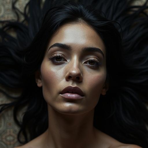 Artistic image of a woman with dark features. Portrait captures serene expression. Focus on facial details and natural lighting. Hair flows around the face. Emphasizes eyes and lips.