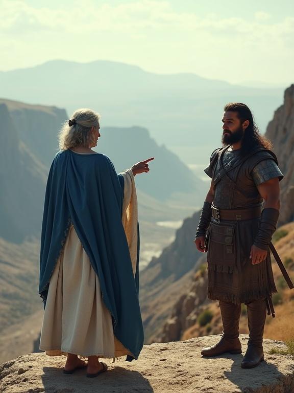 Photorealistic depiction of Deborah and Barak on a rocky outcrop. Deborah points towards the horizon. Barak stands beside her in armor. Setting is a vast valley under clear light.