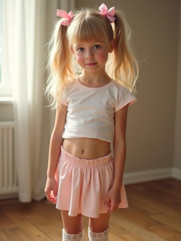 Blonde girl stands softly lit room. Twin tails tied pink ribbons bounce gently. Snug white crop top hints toned stomach. Pale pink skirt falls mid-thigh. Smooth legs in lace-trimmed thigh-high socks. Simple black shoes. Natural blush on cheeks. Head tilted slightly, eyes bright playful sparkle. Warm glow casts soft shadows across figure.