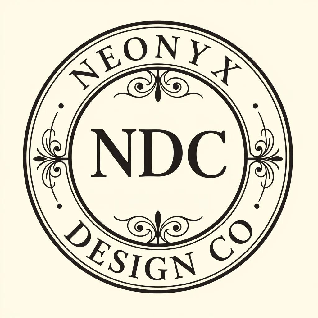 Logo design with initials ‘NDC’ at center. ‘ND’ uppercase and ‘c’ lowercase in Art Nouveau font. Subtle decorative flourishes around initials. Text ‘NEONYX’ at top and ‘DESIGN CO’ at bottom create circular shape. Text uses clean uppercase font. Full canvas design with 3% margin. Soft sand background and charcoal gray text.