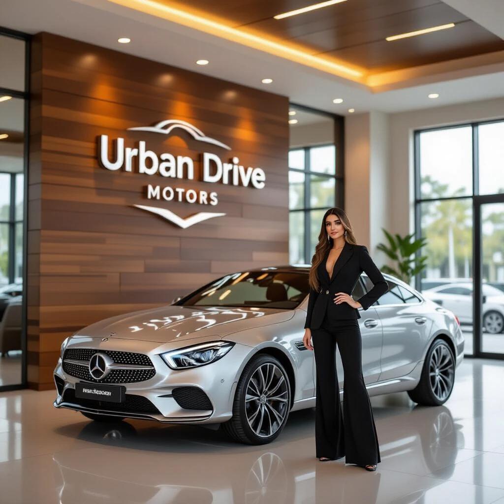 Modern car sales showroom features wooden components. 3D metallic logo says Urban Drive Motors. Warm natural lighting creates an inviting vibe. High-resolution captures architectural elegance. Luxury car showcased as symbol of brand prestige.