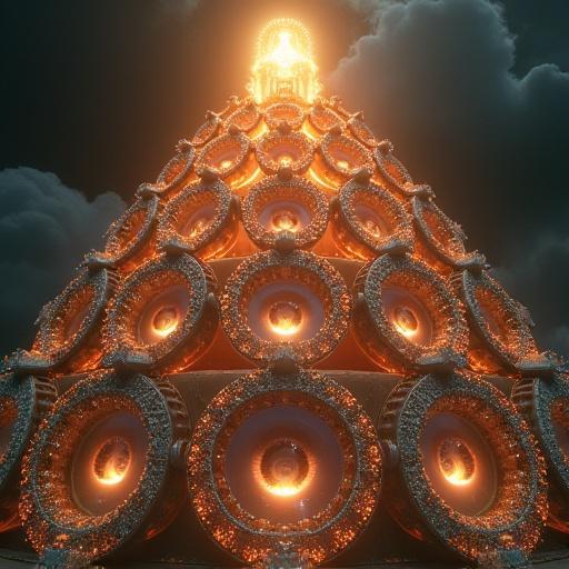 Depiction of the Ophanim as interlocking wheels covered with eyes. Wheels shine with a crystalline appearance. A throne of fiery material is above with a radiant figure on it. The structure conveys motion and divine authority. Aspect ratio 16:9.